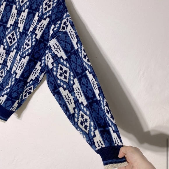 Vintage Botany 500 Blue White Jacquard Crew Neck 80s 90s Dad Sweater L - Picture 9 of 12